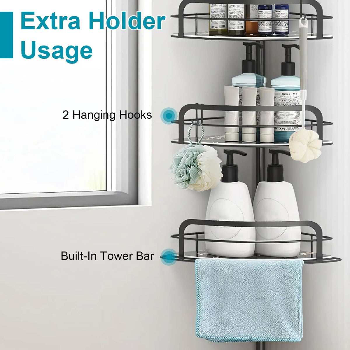 Adjustable Corner Shower Caddy Tension Pole Rust Resistant Shelves