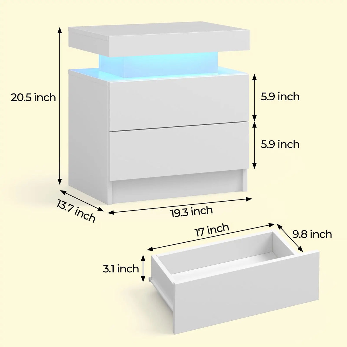 Cubehom Led Nightstand With Two Drawers Wooden Bedside Table