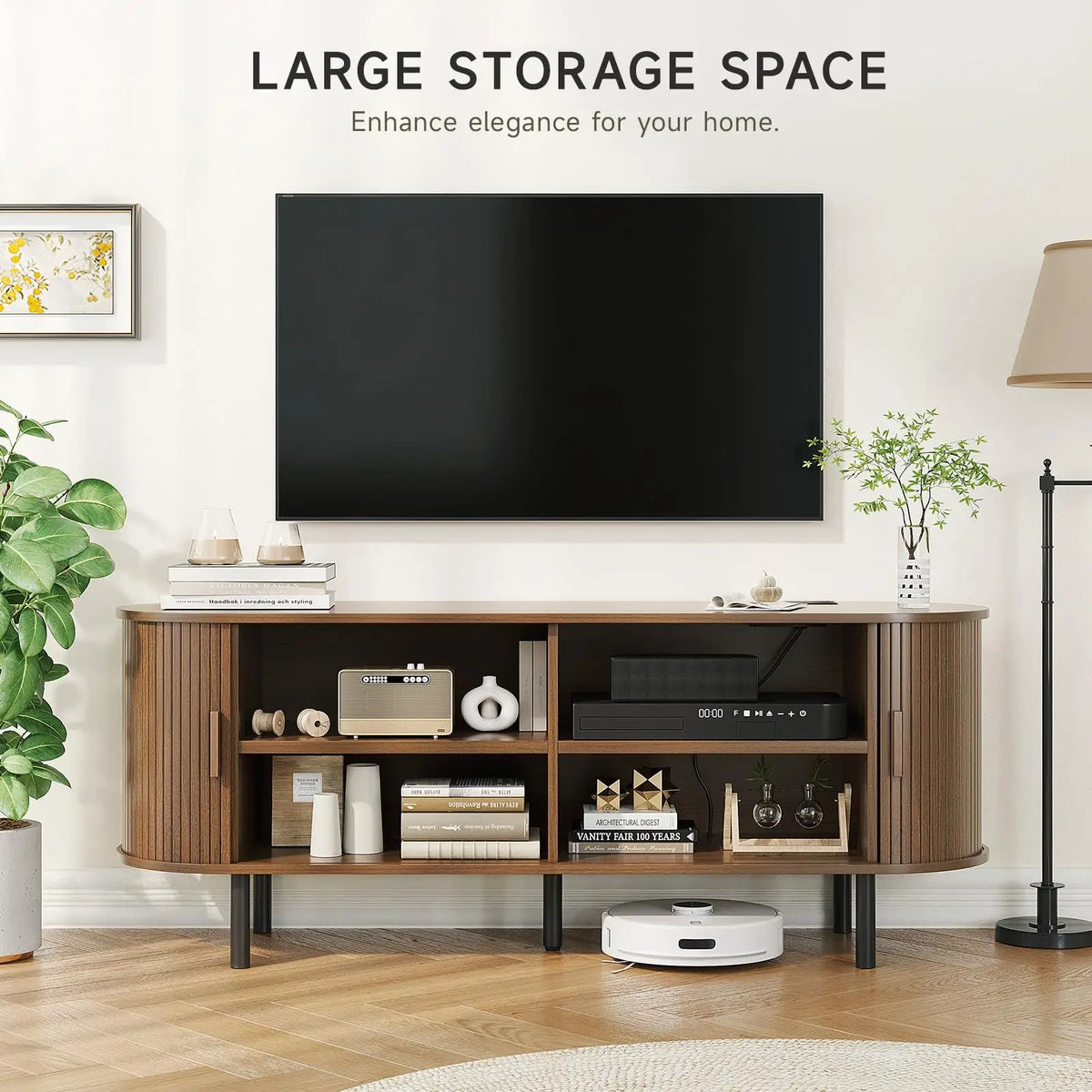 Onbrill Modern TV Stand With Power Outlet And Sliding Doors