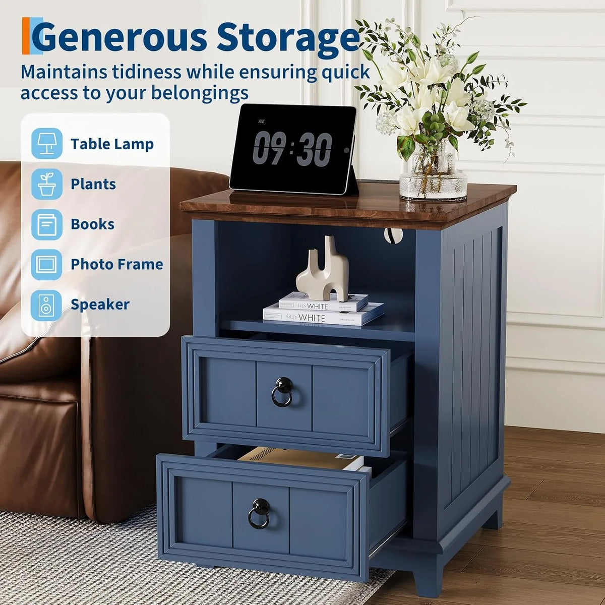 Modern Fluted Wood Nightstand With USB Charging Station