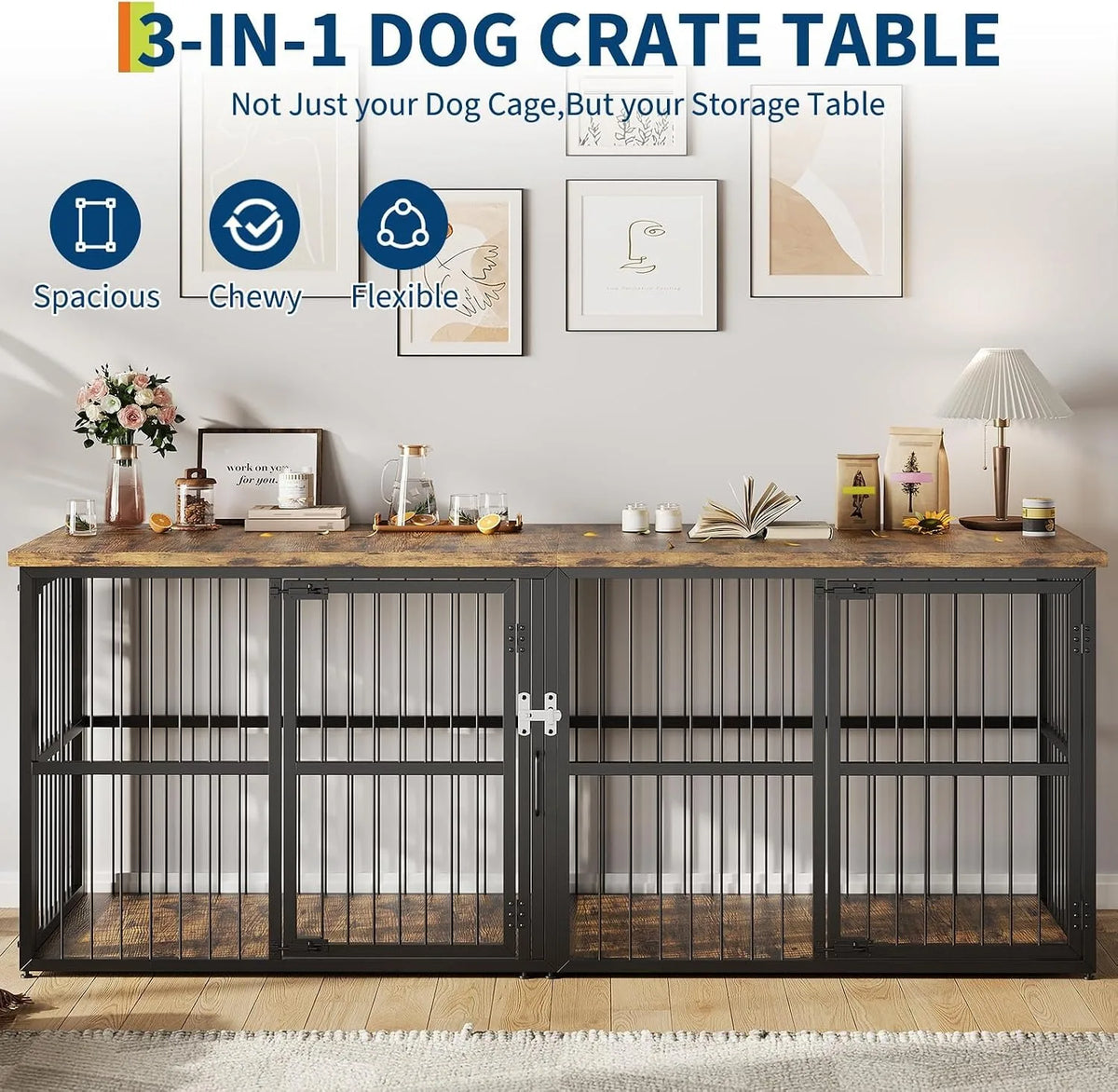 Heavy Duty Wooden Double Dog Crate With Storage Table