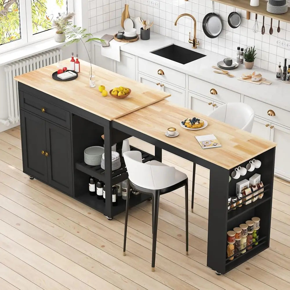 Rolling Kitchen Island With Pull Out Dining Table And Storage