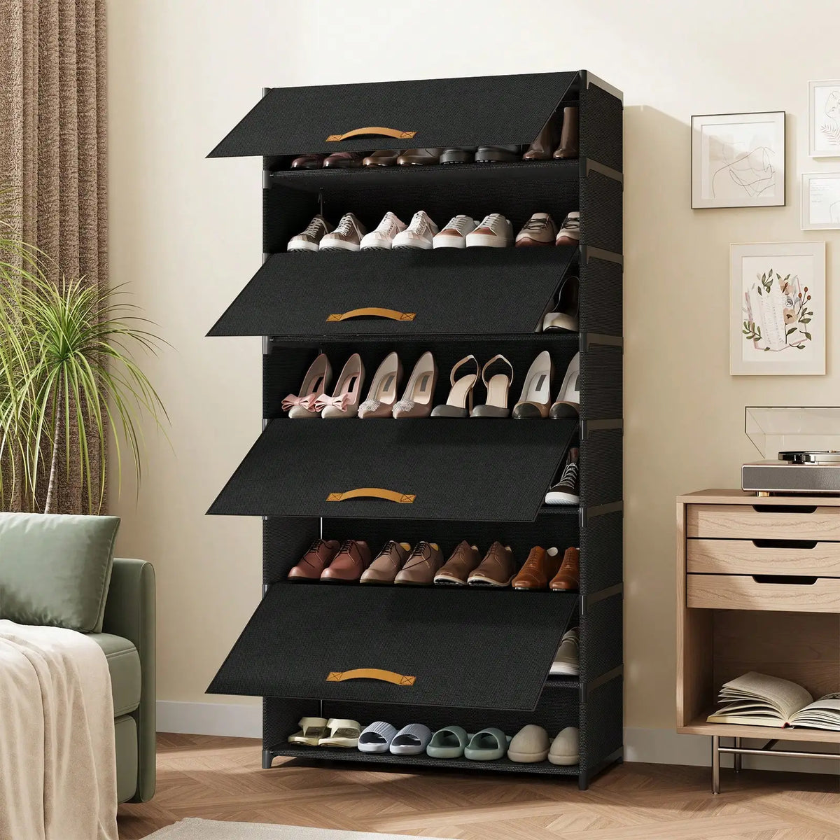 Metal Frame Shoe Storage Cabinet With Dustproof Fabric Doors