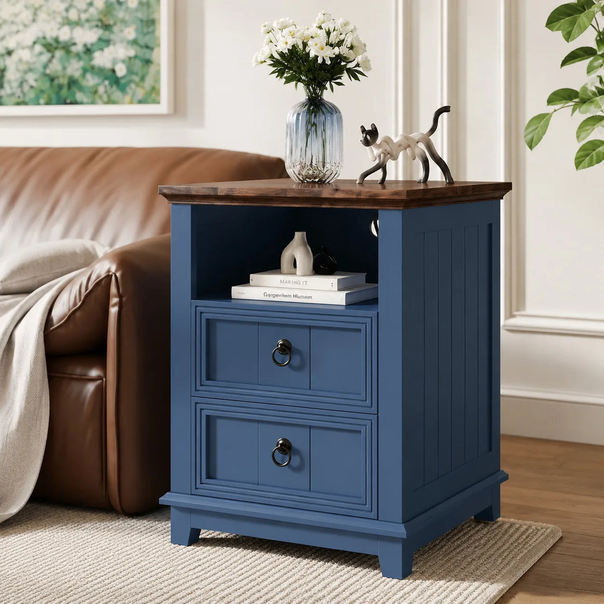 Modern Fluted Wood Nightstand With USB Charging Station
