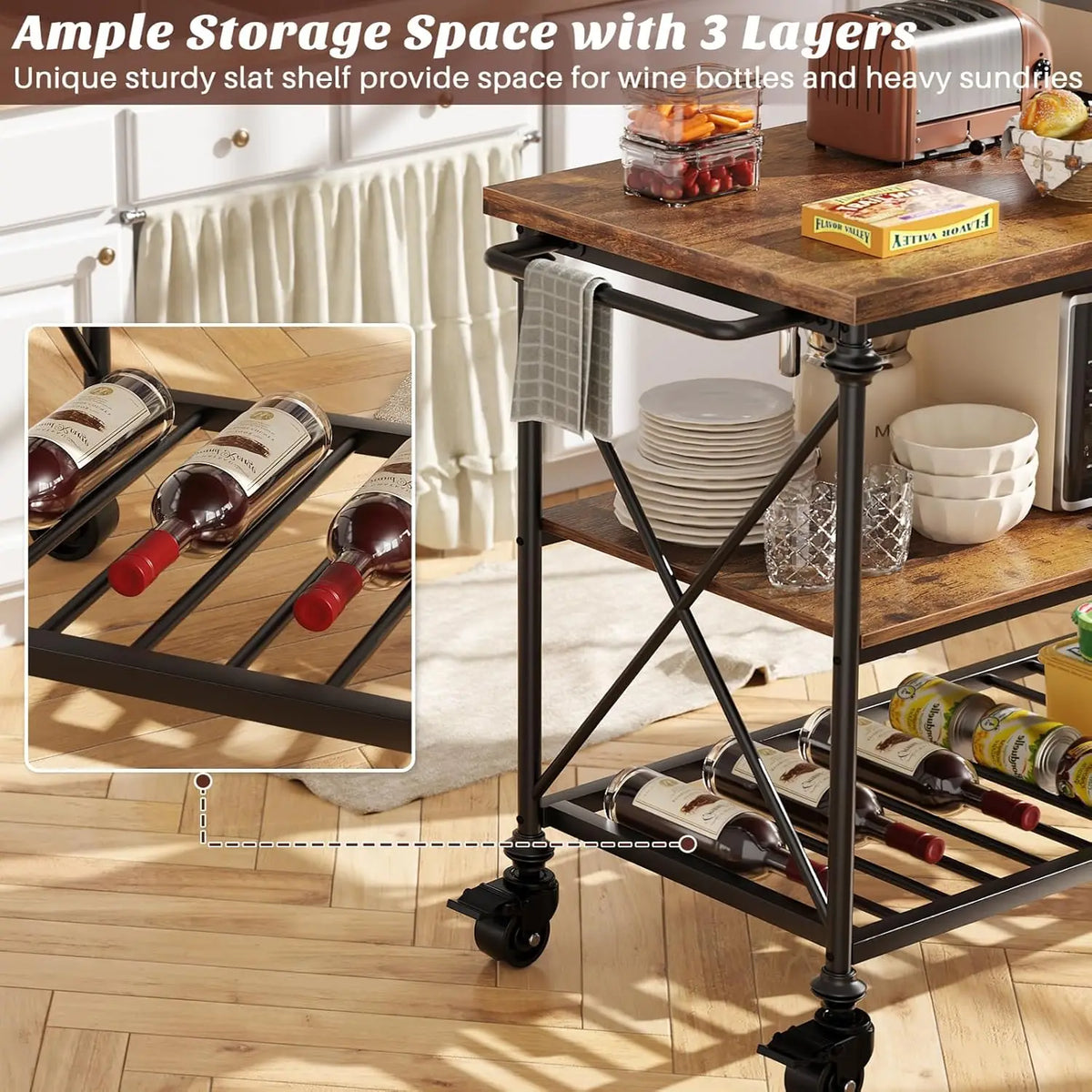 Wood And Metal Rolling Kitchen Island Cart With Pipe Legs