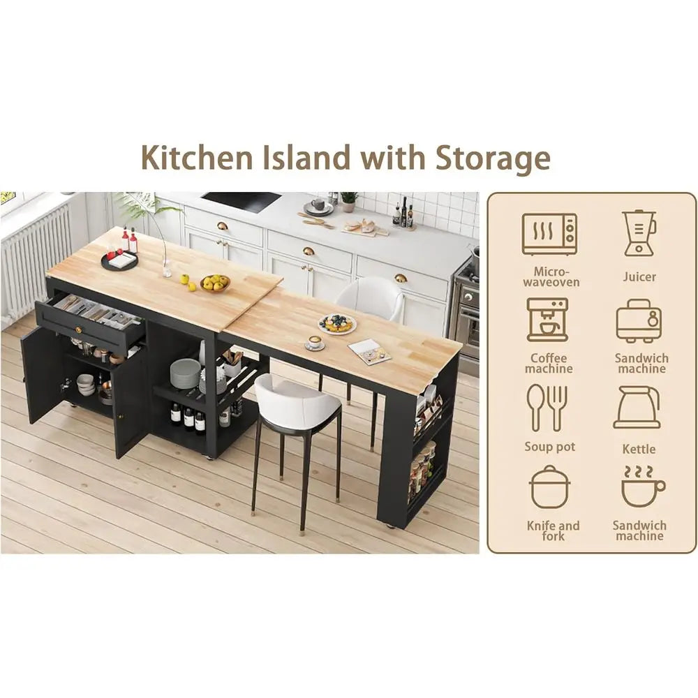 Rolling Kitchen Island With Pull Out Dining Table And Storage