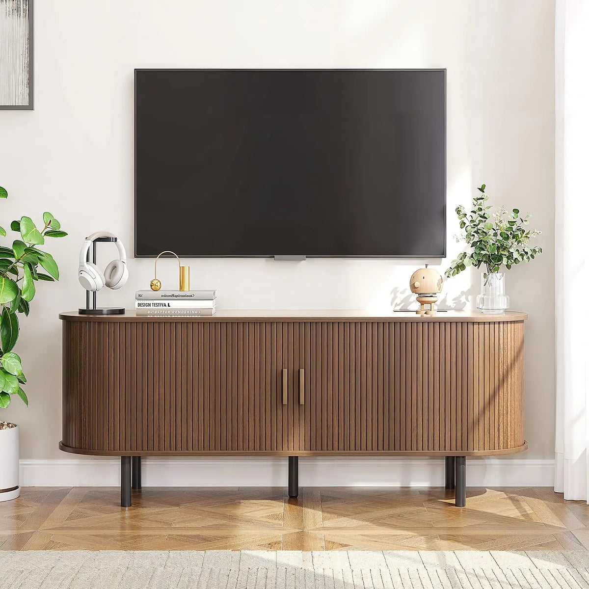 Onbrill Modern TV Stand With Power Outlet And Sliding Doors