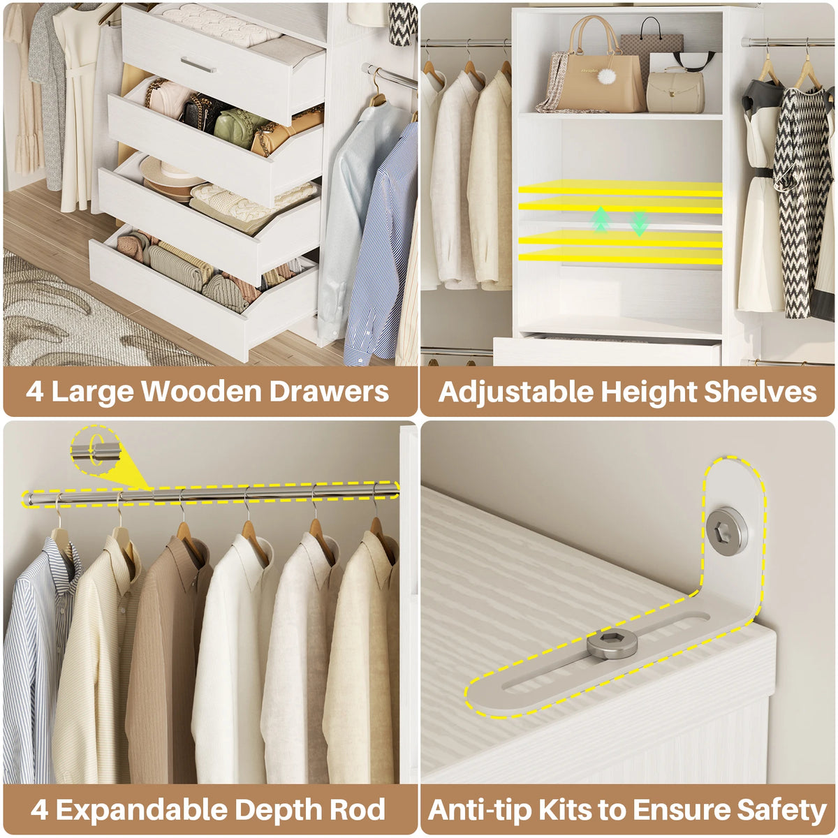 Aheaplus Wooden Closet Organizer With Drawers And Hanging Rods