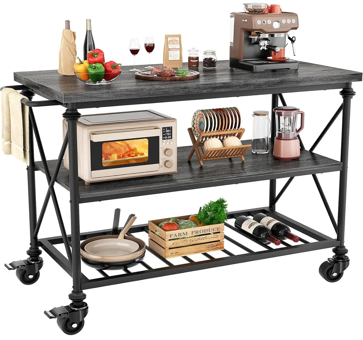 Wood And Metal Rolling Kitchen Island Cart With Pipe Legs