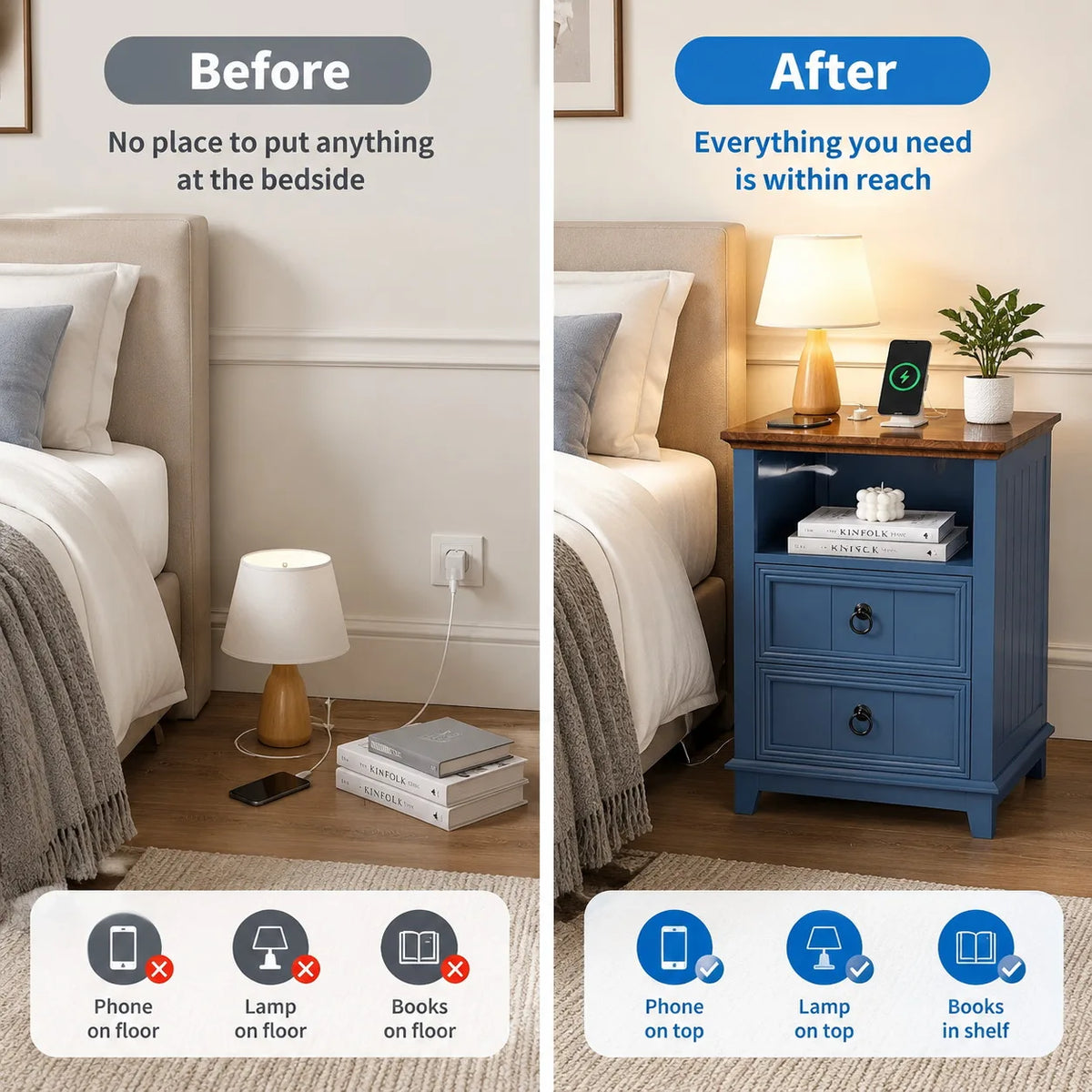 Modern Fluted Wood Nightstand With USB Charging Station