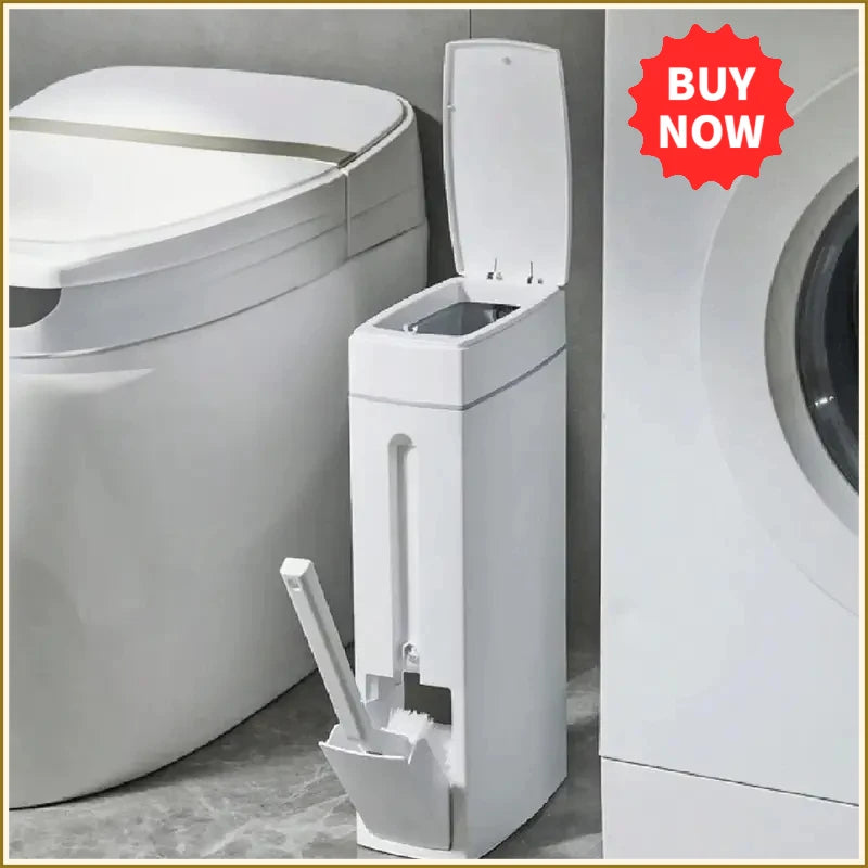 Plastic Bathroom Trash Can With Integrated Toilet Brush Combo