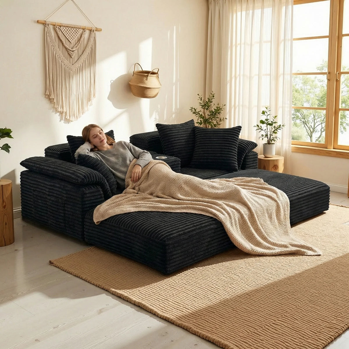 Modern Modular Convertible Sofa With Integrated Cup Holder And Cushions