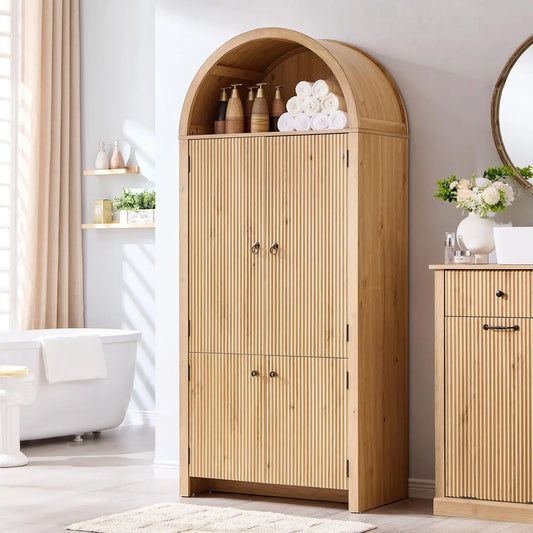 Solid Wood Fluted Free Standing Bathroom Storage Cabinet