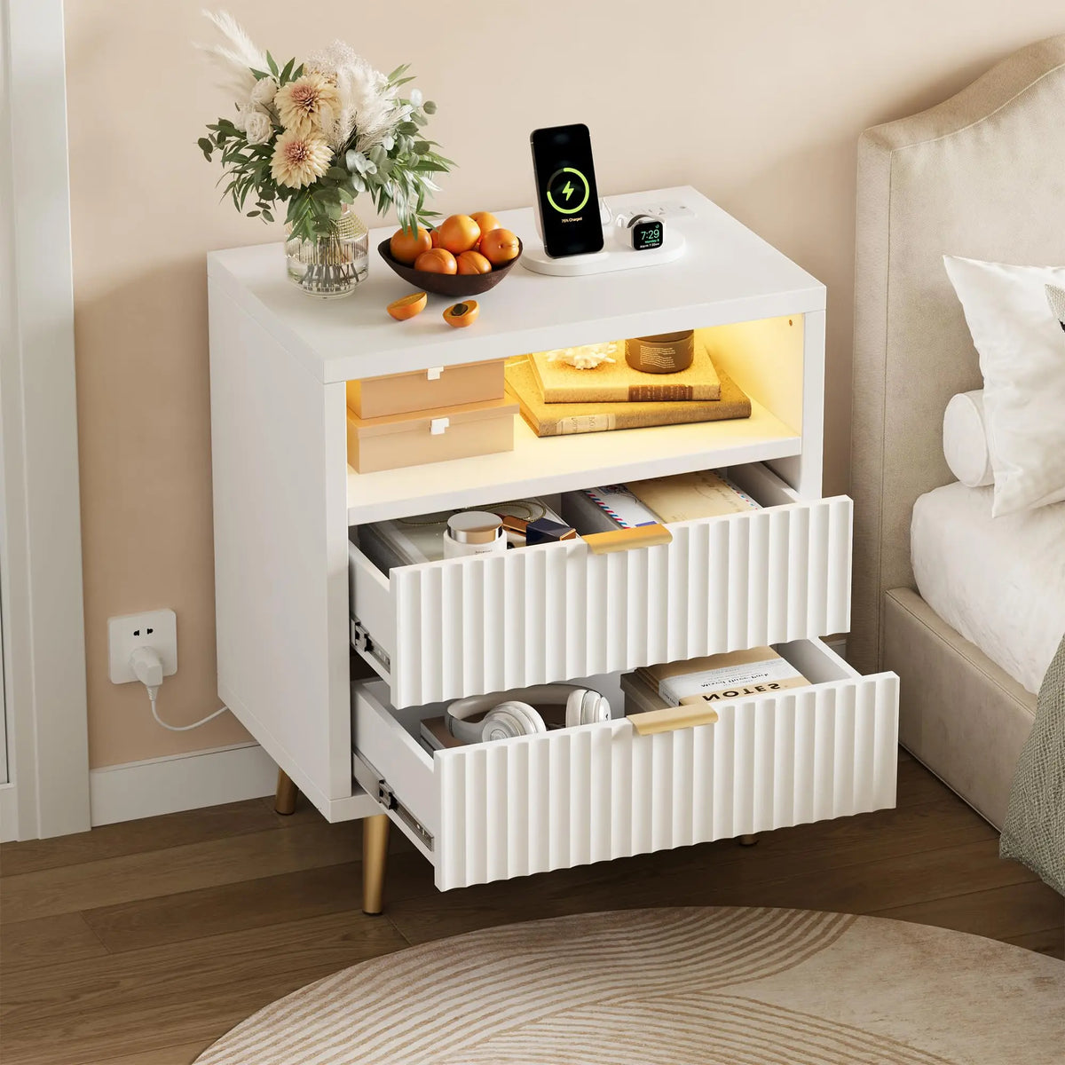 HiMISS Nightstand With Charging Station And RGB LED Lights