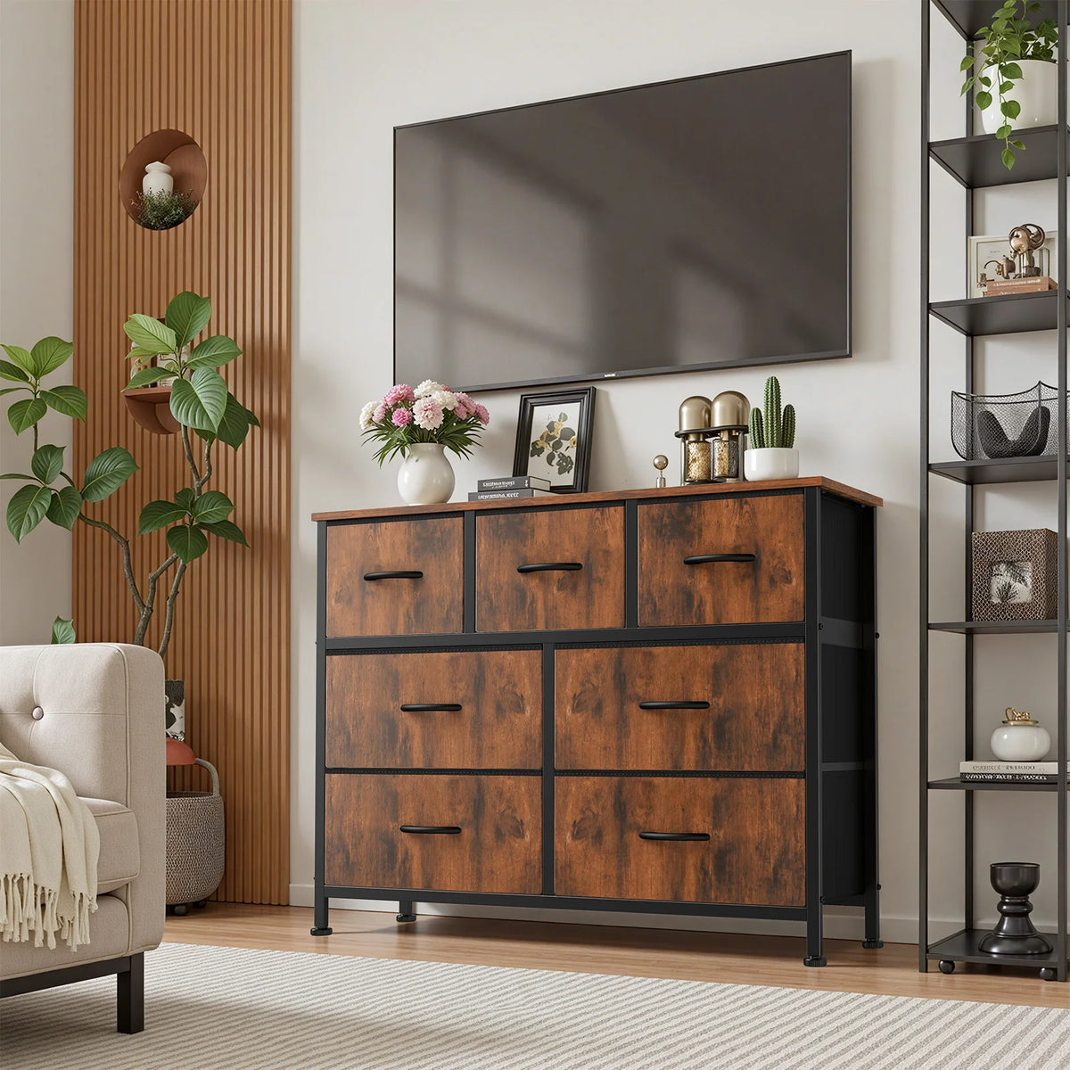 Jhk Wooden Bedroom Dresser With Seven Fabric Drawers Storage Organizer