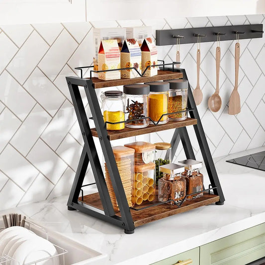Three Tier Wooden Kitchen Spice Rack Countertop Storage Shelf
