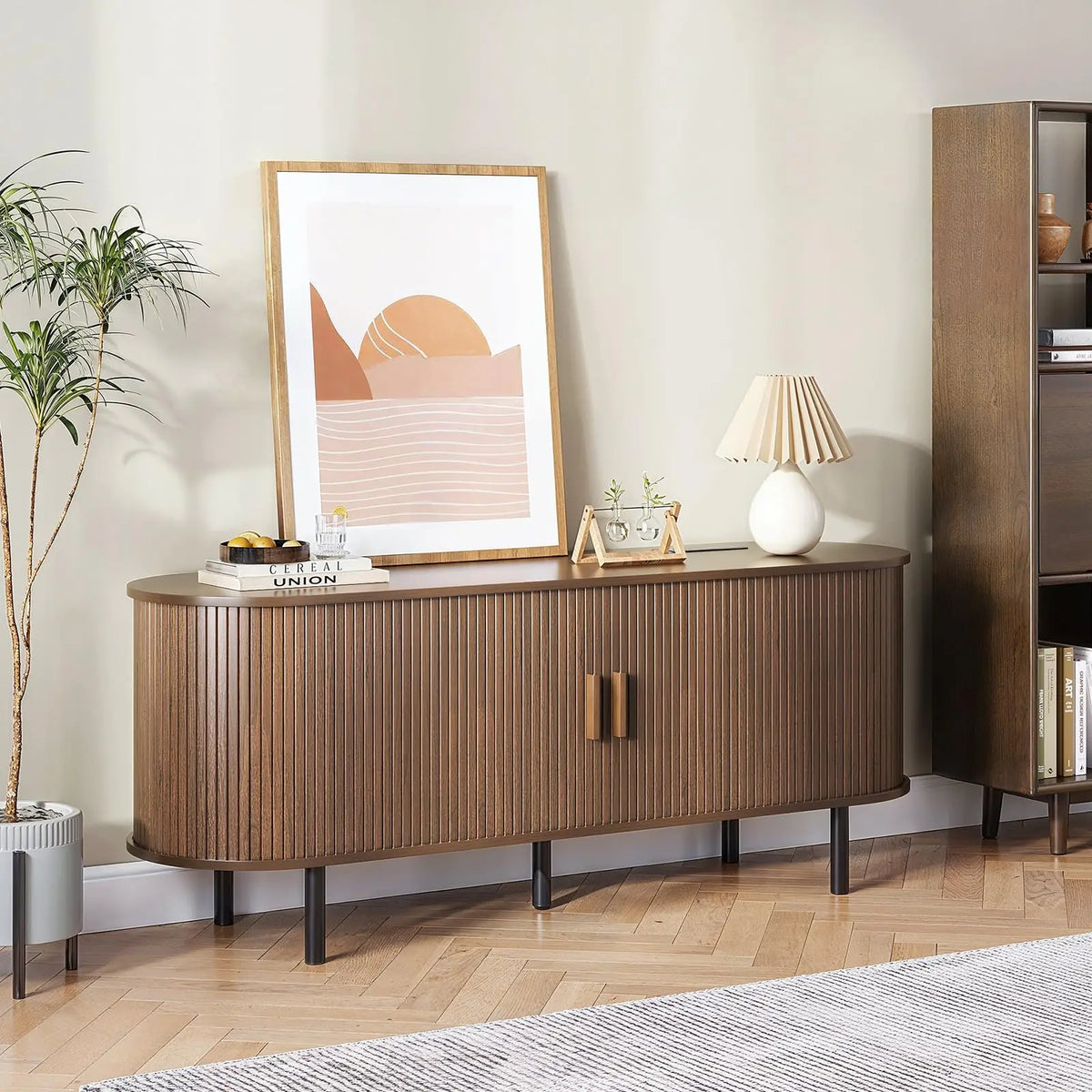 Onbrill Modern TV Stand With Power Outlet And Sliding Doors