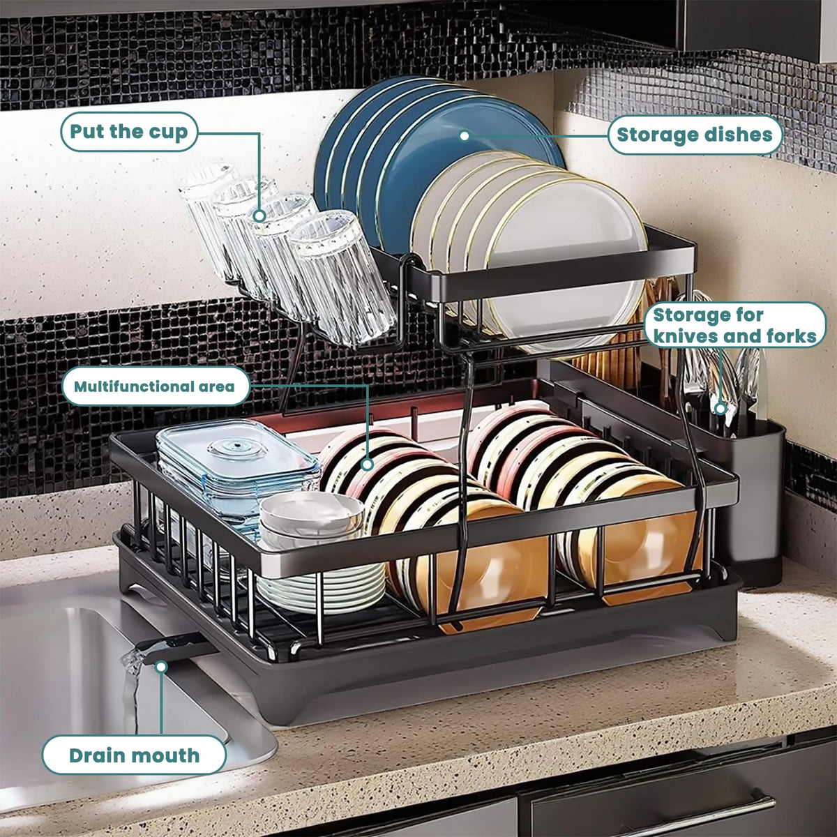 Metal Two Tier Kitchen Countertop Dish Drying And Draining Rack