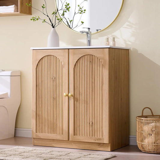 Modern Fluted Bathroom Vanity With Ceramic Basin And Mirror