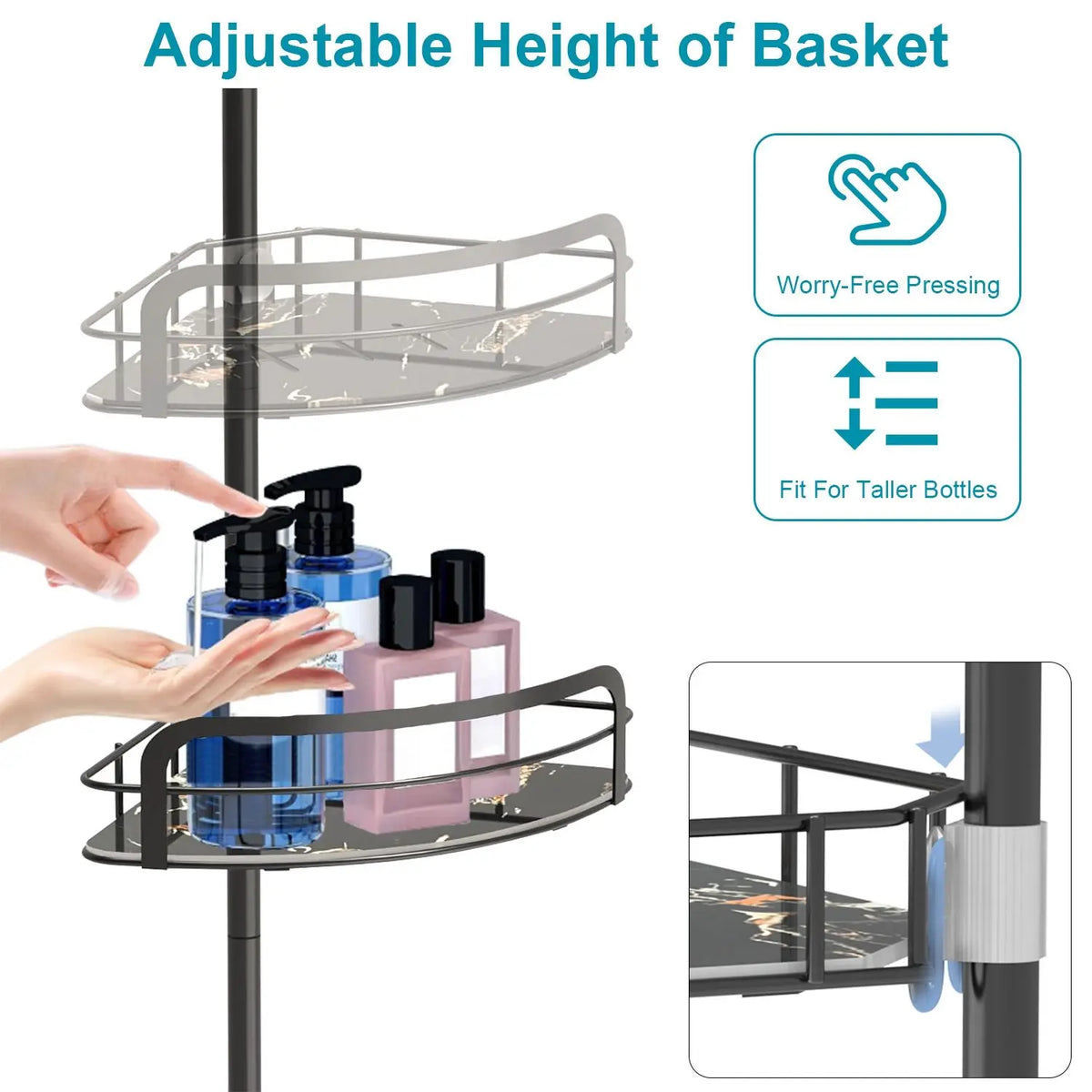 Adjustable Corner Shower Caddy Tension Pole Rust Resistant Shelves